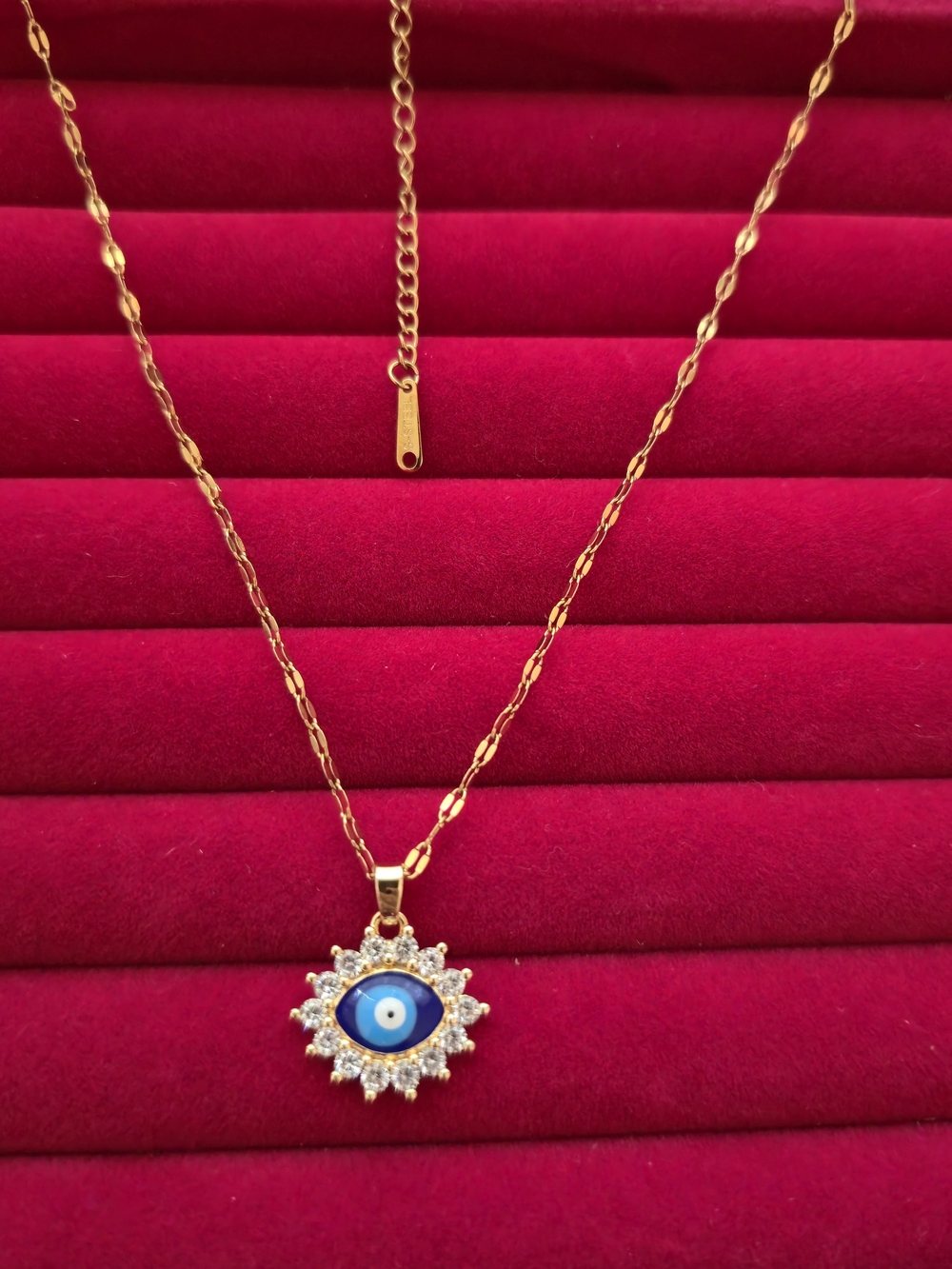 Gold-tone Evil Eye Pendant Necklace with Blue Enamel B003